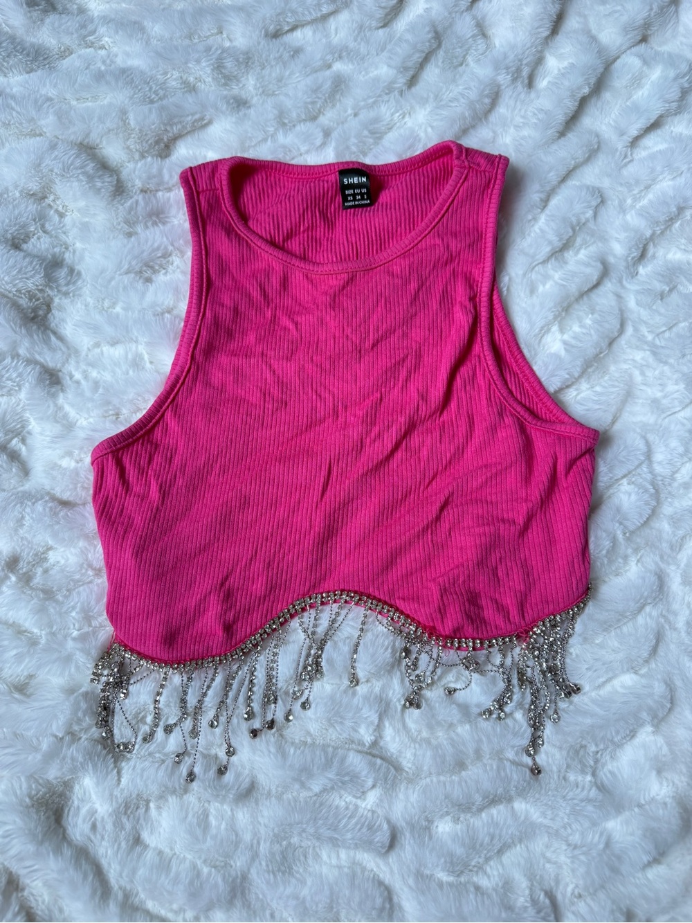 SHEIN Fuchsia Ribbed Crop Tank with Beaded Fringe
